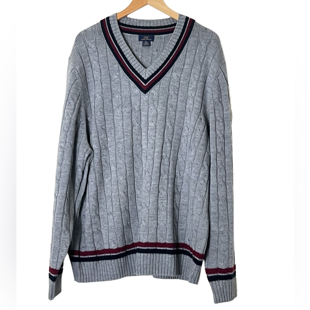 Brooks Brothers Light Gray Cable Knit V-Neck Sweater with Navy and Maroon Trim
